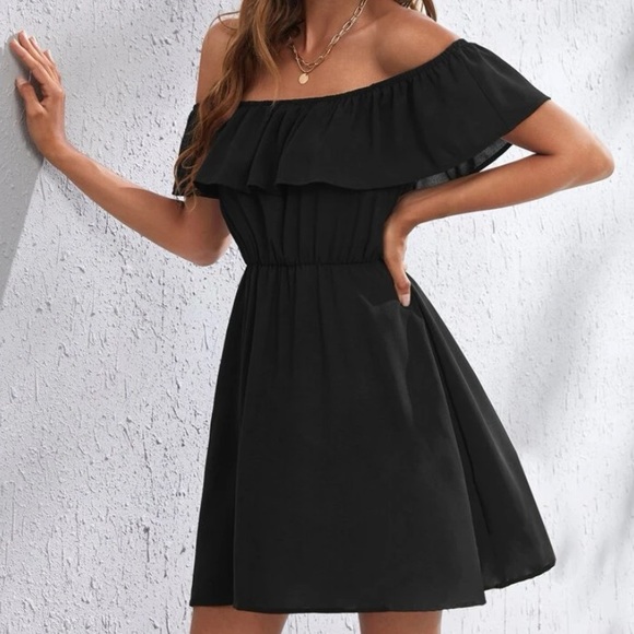 NWOT OFF THE SHOULDER BLACK BOHO DRESS - Picture 2 of 4